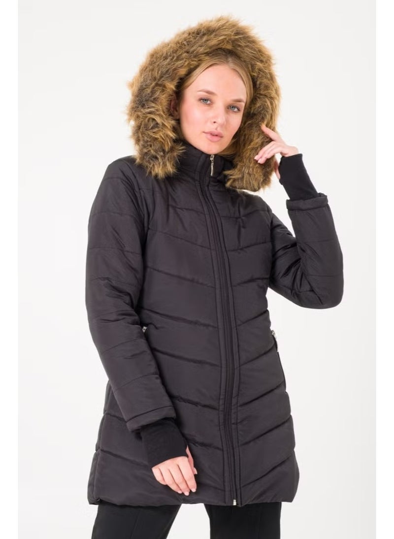 Barbora Winter Women's Puffer Coat with Gloves and Fur Hood V2BT121SIYAHH1 - Image 2
